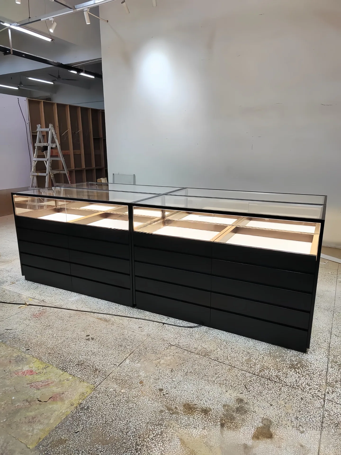 Modern Black Retail Display Counter with Glass Top & Side Multi-Drawer Storage — view 3