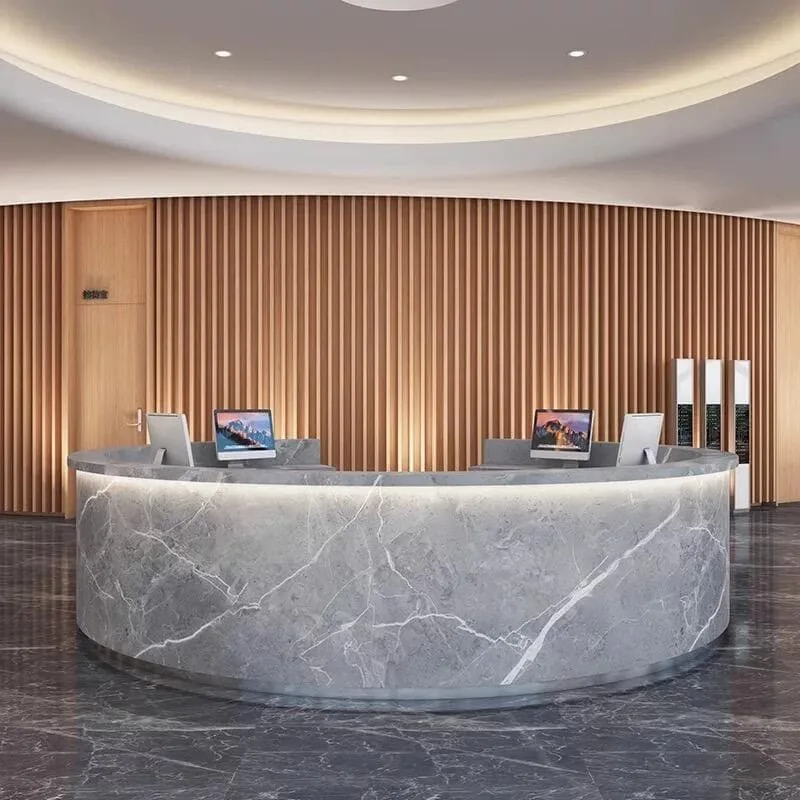 Modern C-Shaped Curved Round Reception Desk With LED Light For Lobby Front Office — view 3