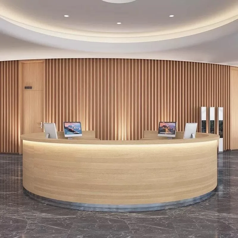 Modern C-Shaped Curved Round Reception Desk With LED Light For Lobby Front Office — view 4