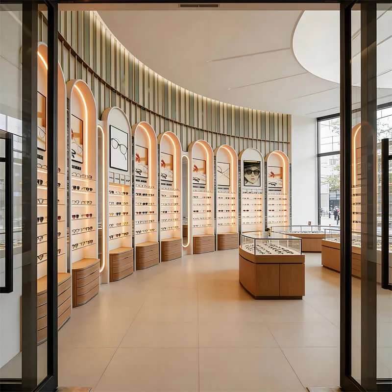 Modern Curved Eyewear Display Wall Cabinet | MDF Lacquer + Wooden Storage | Optical Shop Commercial Display Shelf