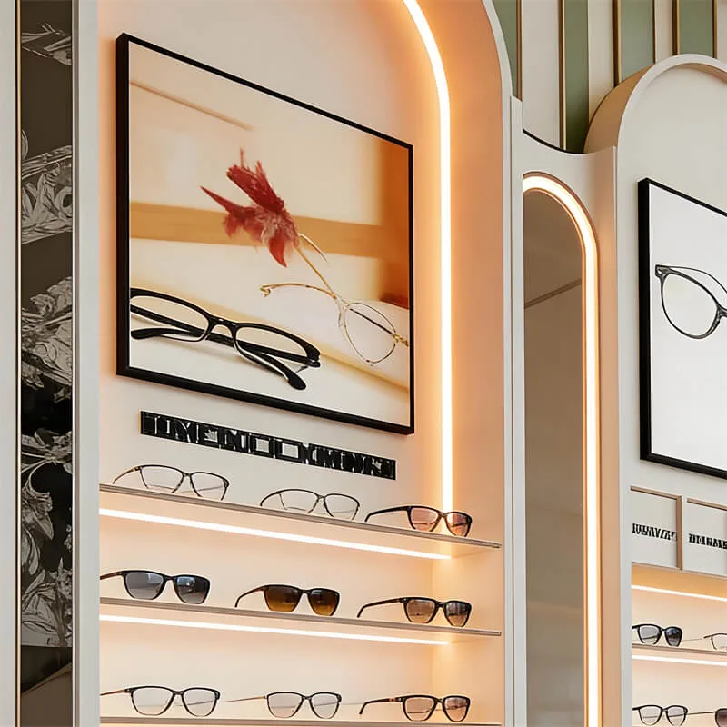 Modern Curved Eyewear Display Wall Cabinet | MDF Lacquer + Wooden Storage | Optical Shop Commercial Display Shelf — view 4