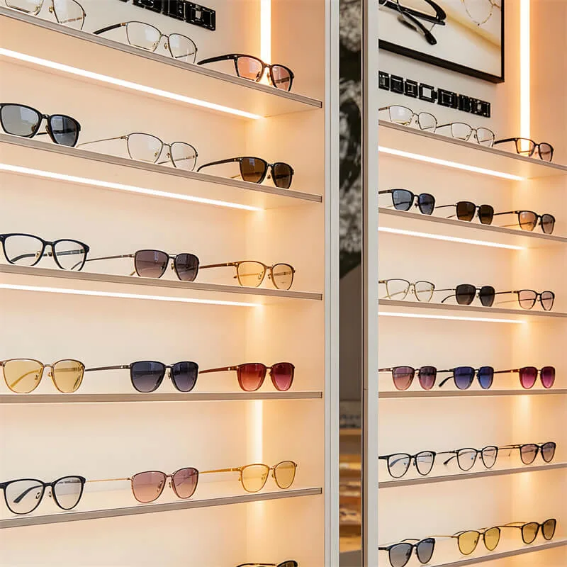 Modern Curved Eyewear Display Wall Cabinet | MDF Lacquer + Wooden Storage | Optical Shop Commercial Display Shelf — view 3