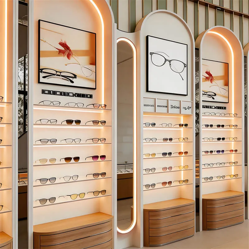 Modern Curved Eyewear Display Wall Cabinet | MDF Lacquer + Wooden Storage | Optical Shop Commercial Display Shelf — view 2
