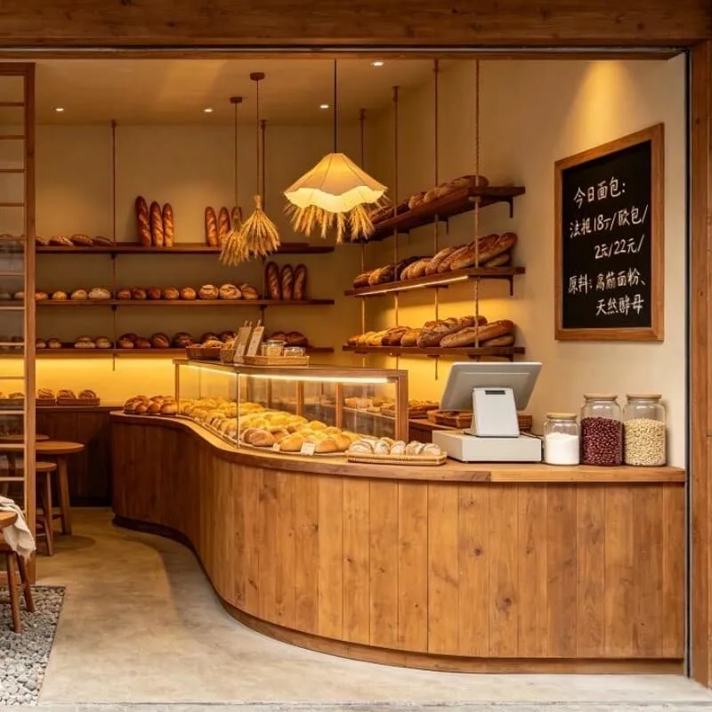 Modern Curved Wood Bakery Counter with Custom Glass Showcase — view 4