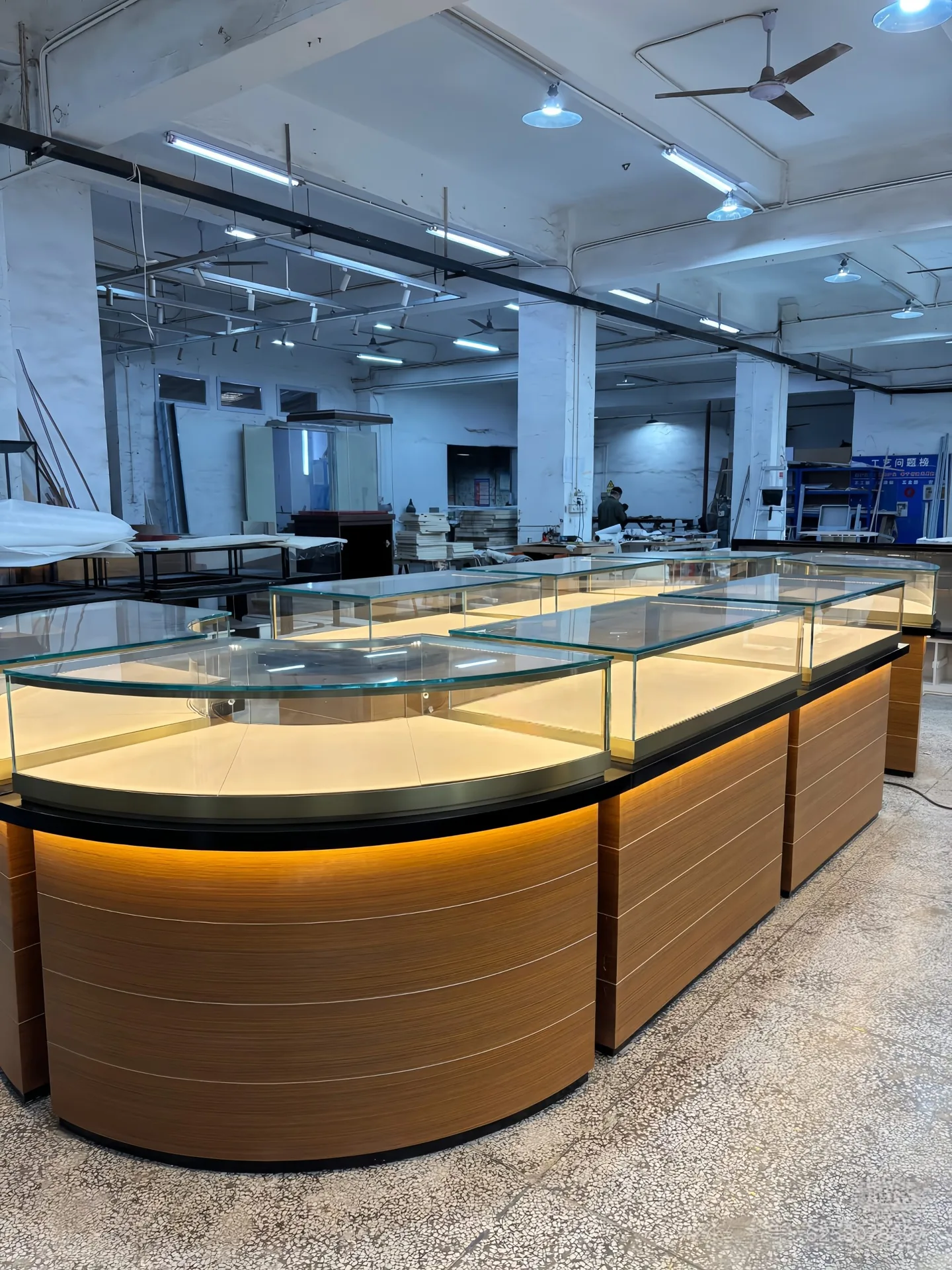 Modern Curved Wood Jewelry Display Island Counter with Glass Top & LED Lighting — view 8