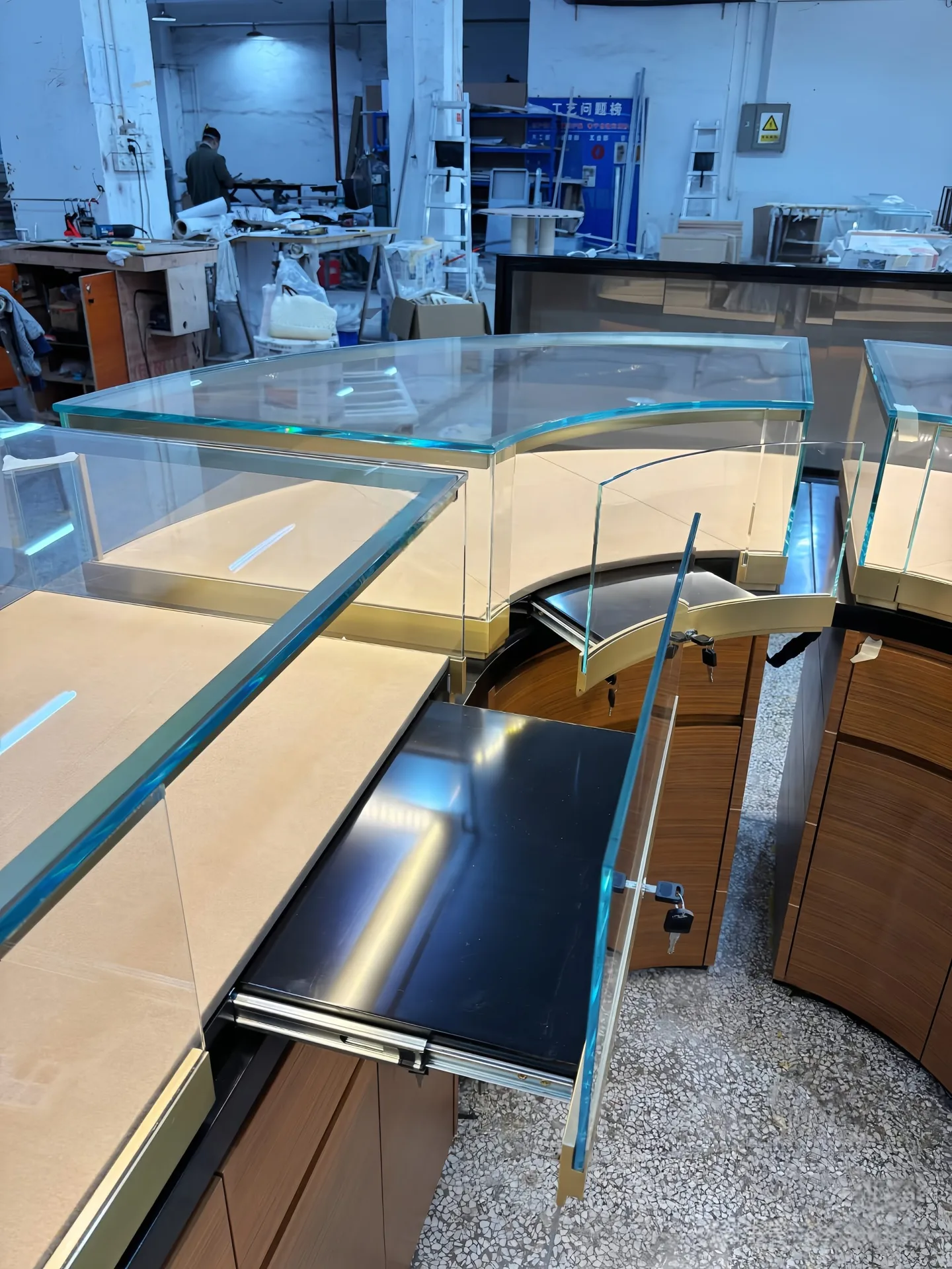 Modern Curved Wood Jewelry Display Island Counter with Glass Top & LED Lighting — view 6