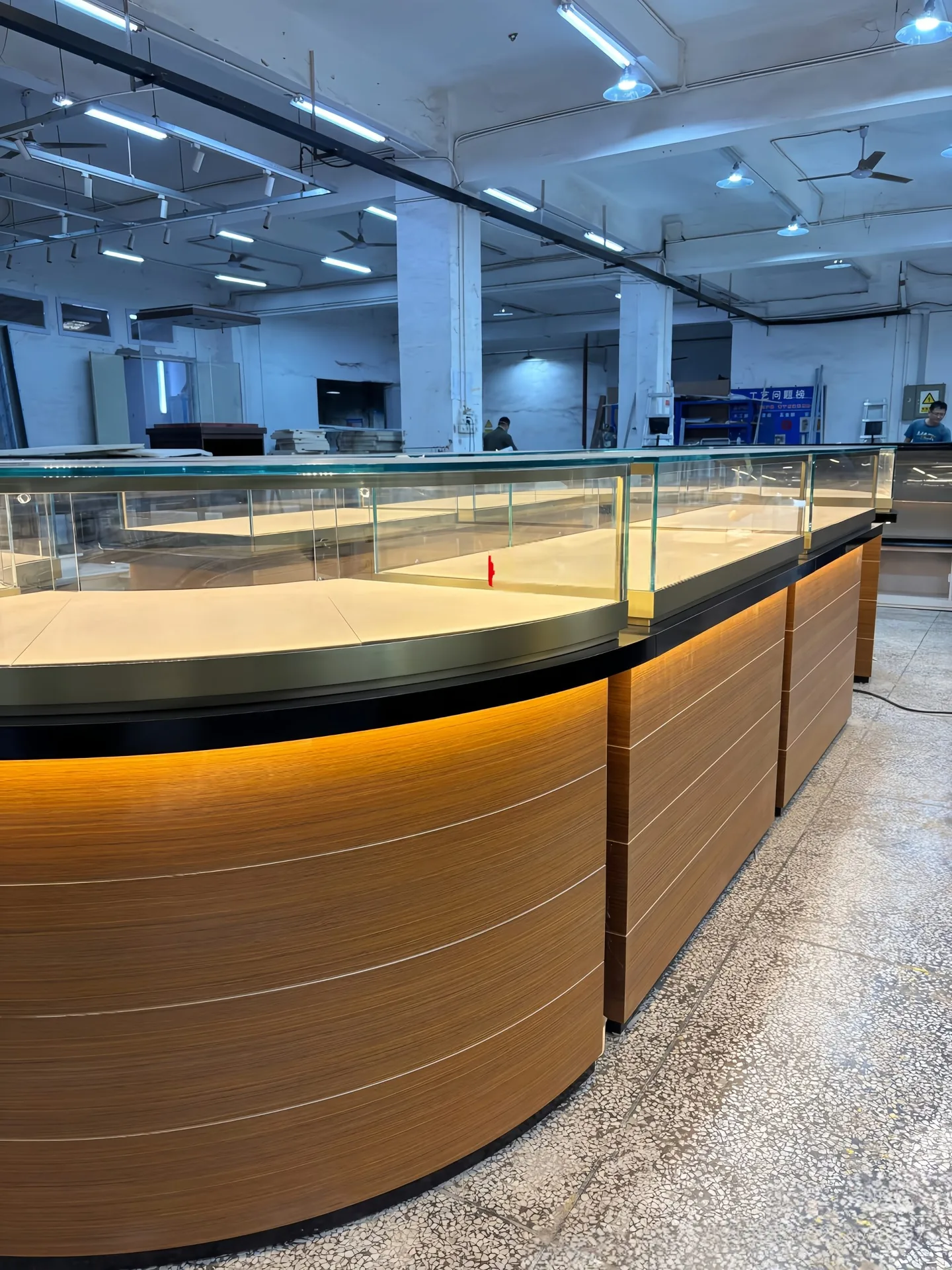 Modern Curved Wood Jewelry Display Island Counter with Glass Top & LED Lighting — view 4