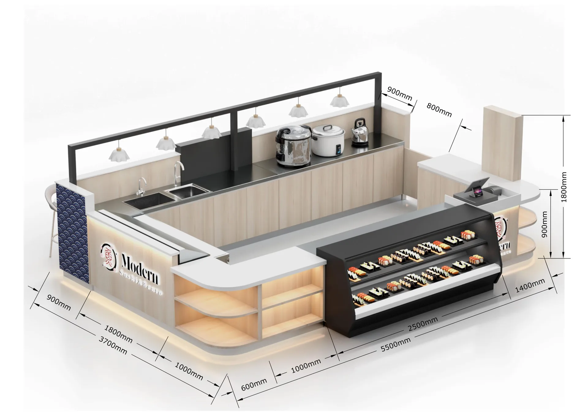 Modern Custom Mall Sushi Kiosk for Food Court Retail — view 3