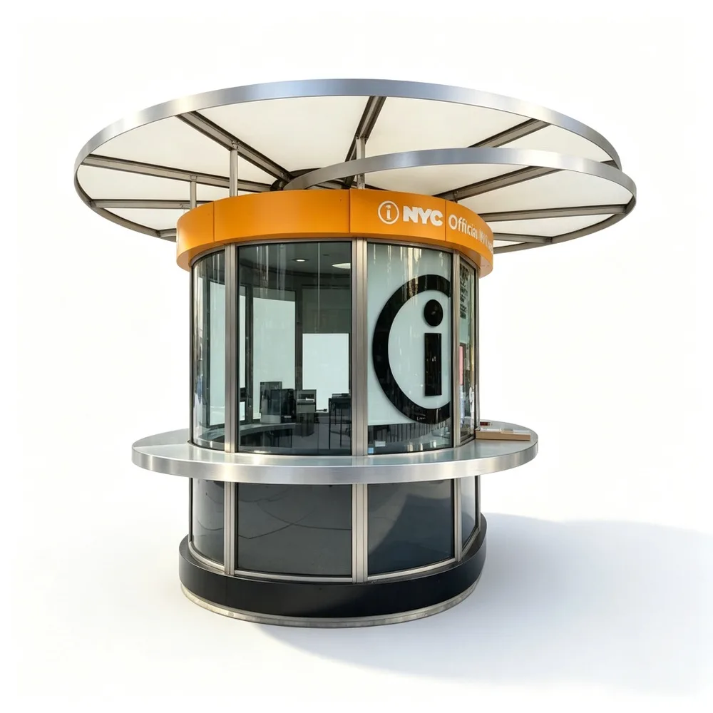 Modern Cylindrical Outdoor Information Kiosk with Canopy Roof – Custom Stainless Steel Curved Glass Visitor Booth for Urban Plazas — view 3