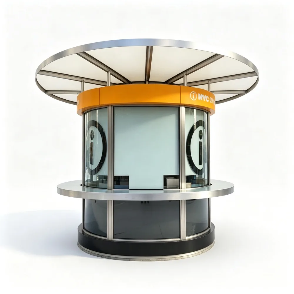 Modern Cylindrical Outdoor Information Kiosk with Canopy Roof – Custom Stainless Steel Curved Glass Visitor Booth for Urban Plazas — view 4