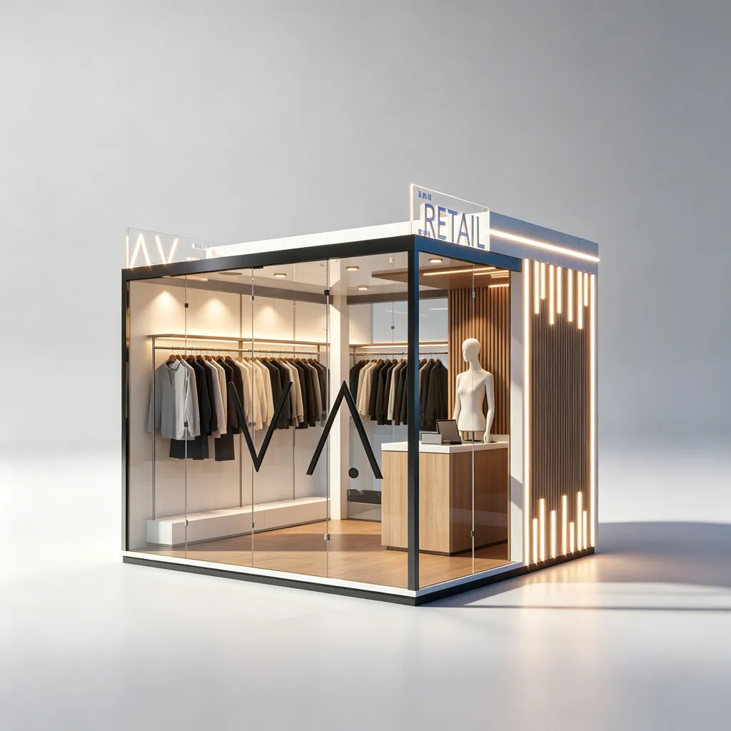 Modern Glass Outdoor Retail Kiosk | 3.5m Clothing Store Booth with LED Lighting | Custom Design — view 3
