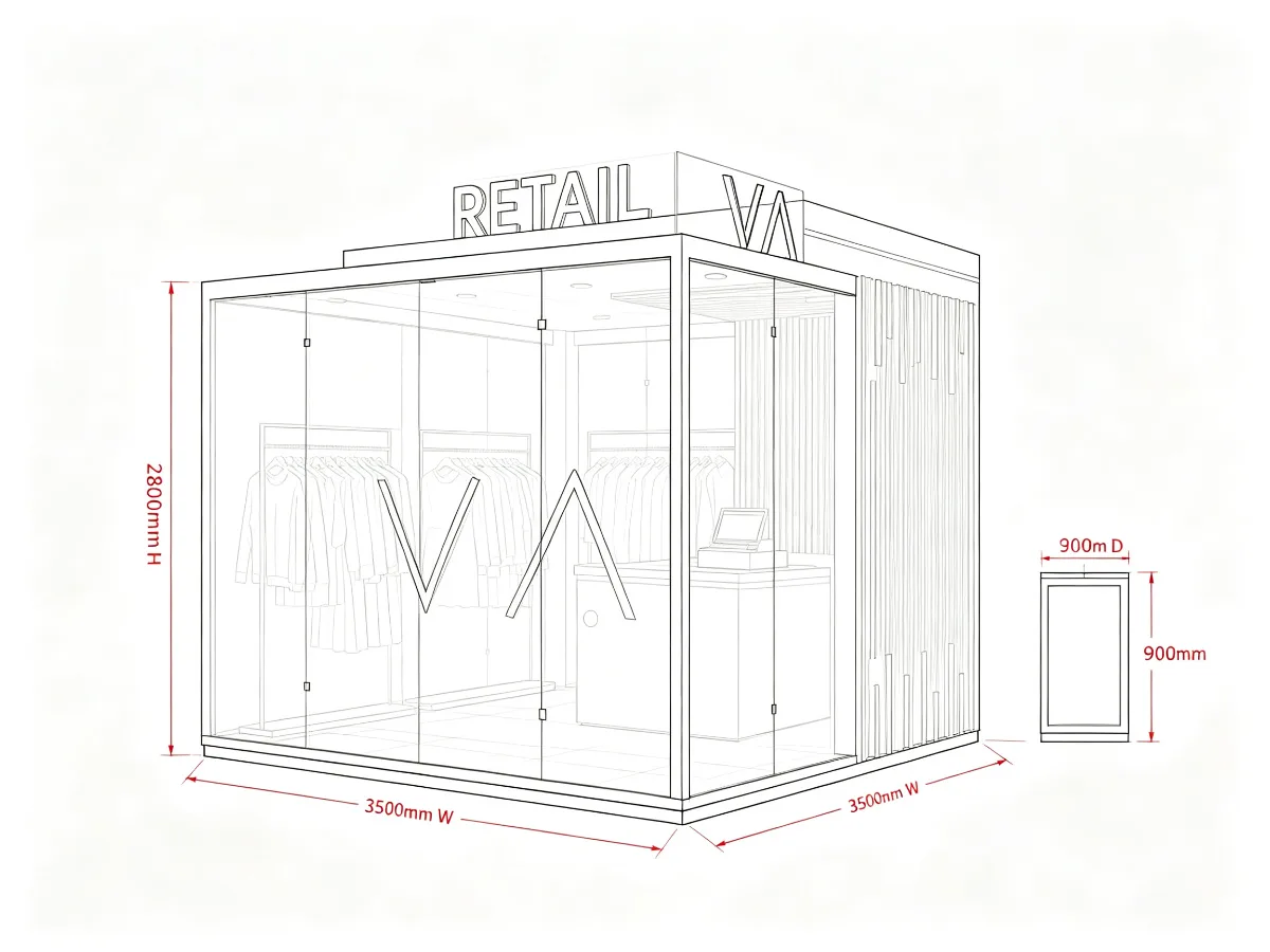 Modern Glass Outdoor Retail Kiosk | 3.5m Clothing Store Booth with LED Lighting | Custom Design — view 5
