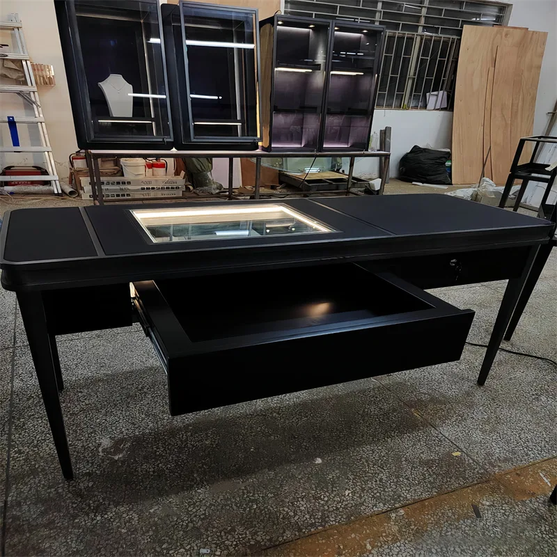 Modern Light Luxury Matte Black Lacquer Jewelry Display Reception Desk with LED-Illuminated Glass Showcase and Lockable Drawers, High-End Cu — view 4
