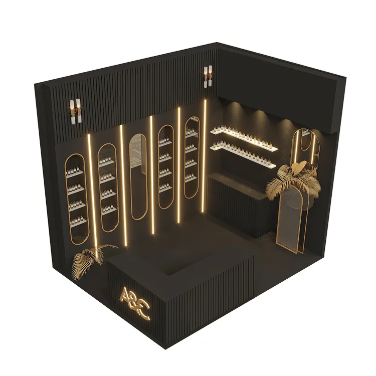 Modern Luxury Black and Gold Arch-Lit Perfume Kiosk with LED Lights — view 4