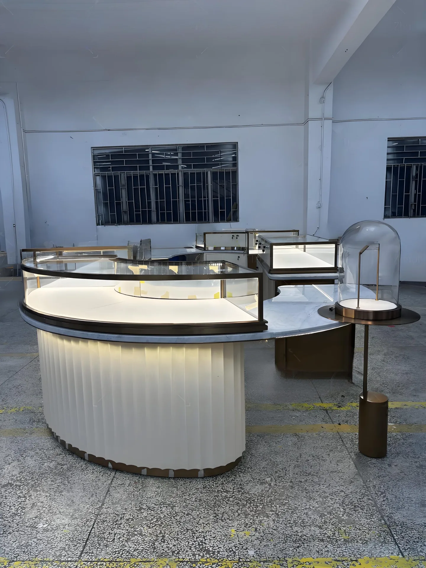 Modern Luxury Combination Display Island | Marble-Top Round Counter & Glass Showcase Units — view 7