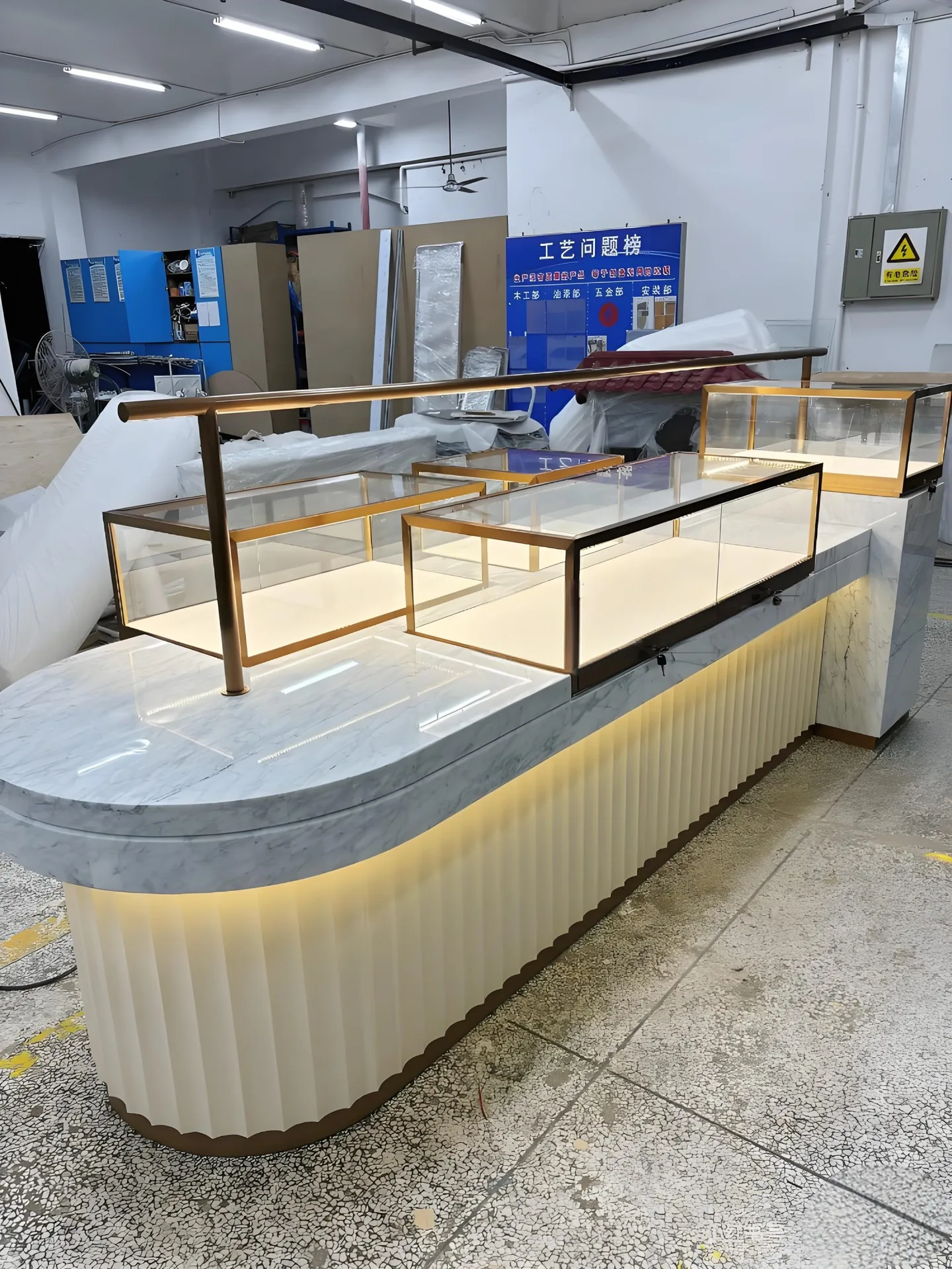 Modern Luxury Combination Display Island | Marble-Top Round Counter & Glass Showcase Units — view 6