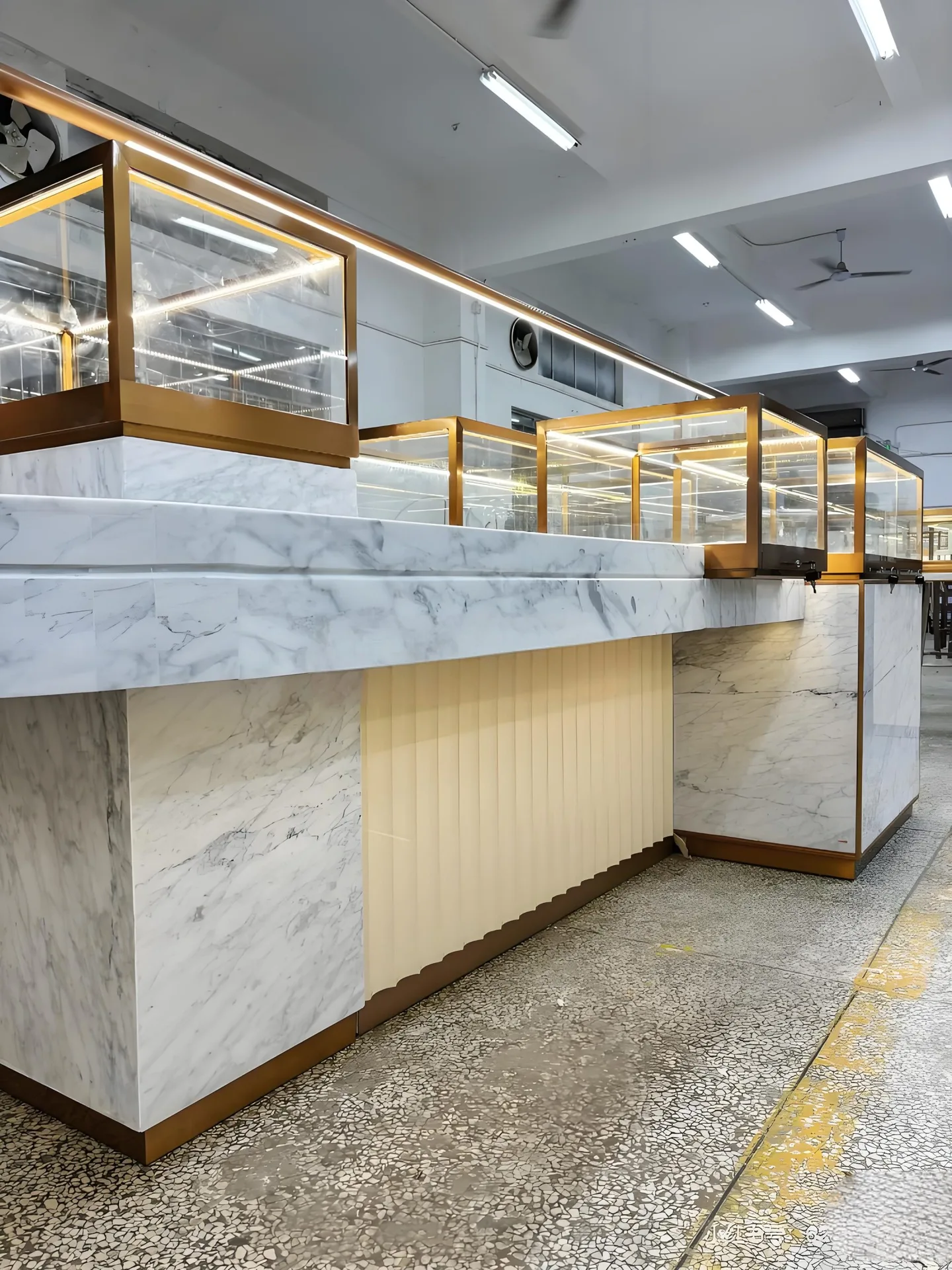 Modern Luxury Combination Display Island | Marble-Top Round Counter & Glass Showcase Units — view 3