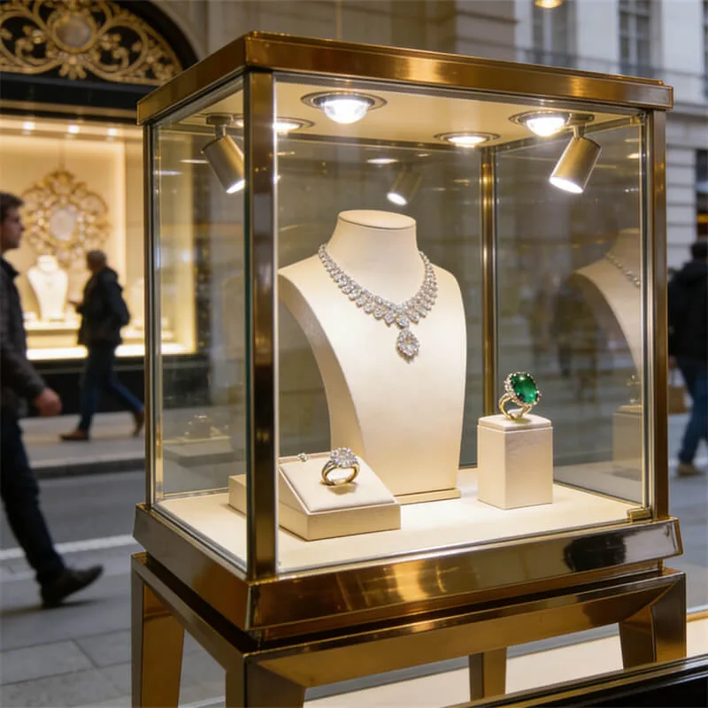 Modern Luxury Gold Plated Stainless Steel Vertical Jewelry Display Showcase with Built-in Adjustable Spotlights — view 3