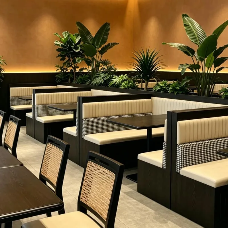 Modern Neutral Commercial Restaurant Booths With Lush Green Plant Dividers — view 7