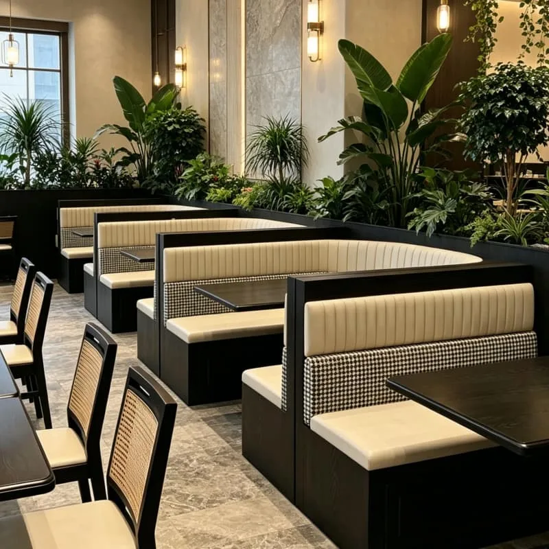 Modern Neutral Commercial Restaurant Booths With Lush Green Plant Dividers — view 6