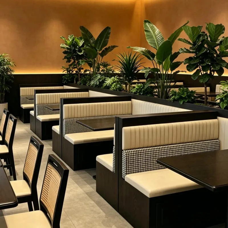 Modern Neutral Commercial Restaurant Booths With Lush Green Plant Dividers — view 4