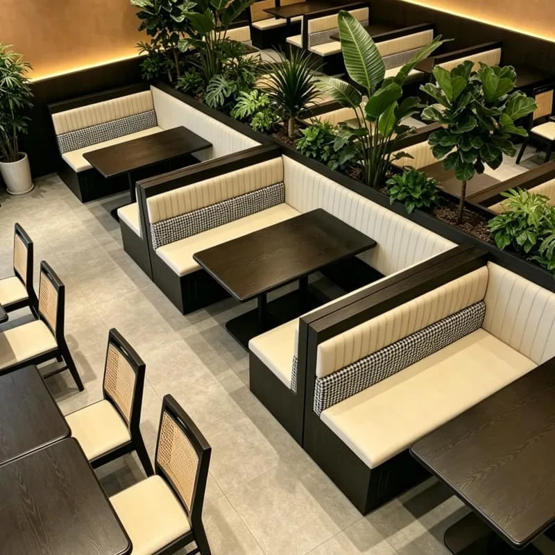 Modern Neutral Commercial Restaurant Booths With Lush Green Plant Dividers — view 5