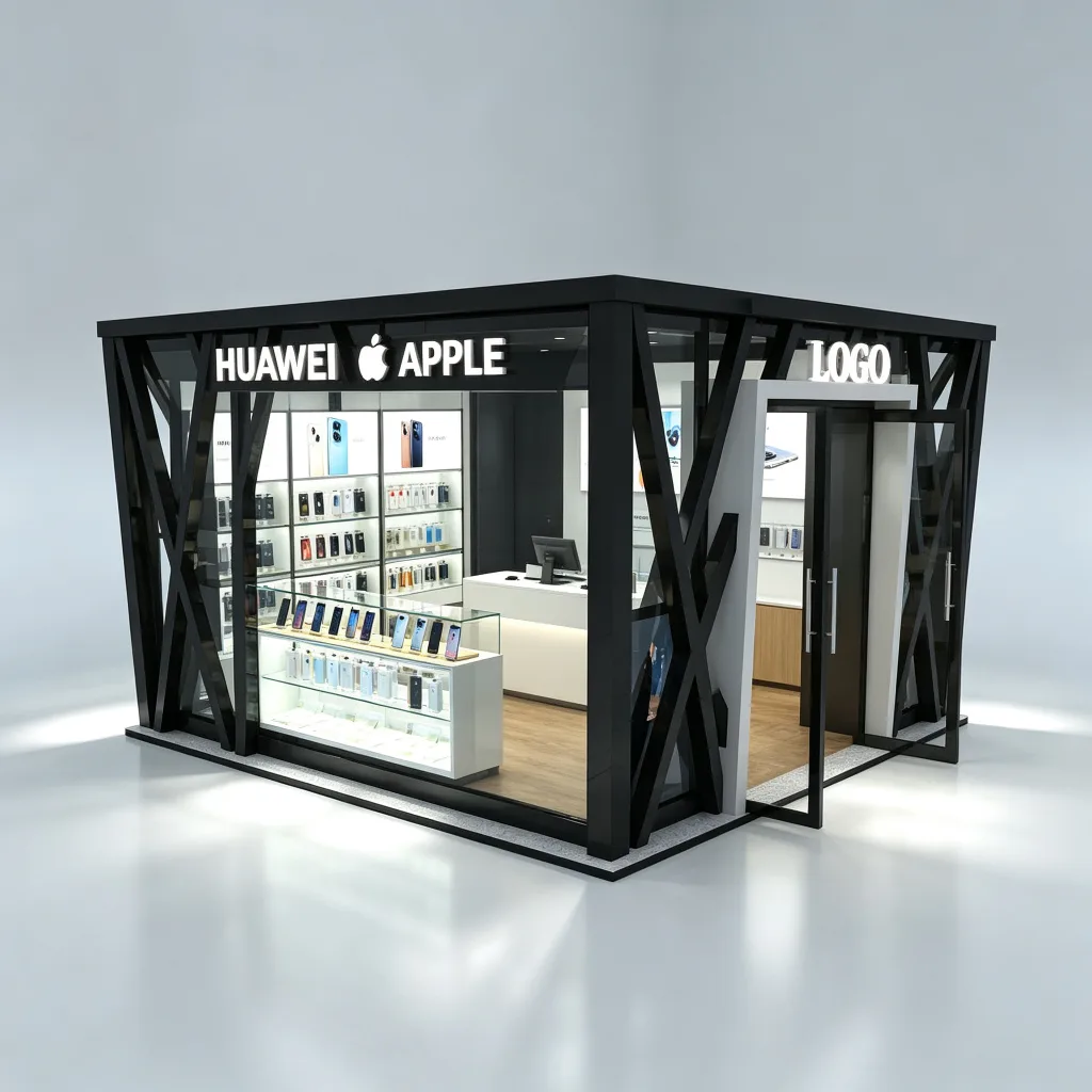 Modern Outdoor Cellphone Kiosk | 3.5m Black Steel X-Frame Mobile Retail Booth with Glass Walls | Custom Design — view 3