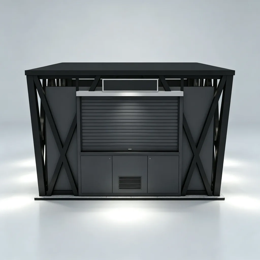 Modern Outdoor Cellphone Kiosk | 3.5m Black Steel X-Frame Mobile Retail Booth with Glass Walls | Custom Design — view 4
