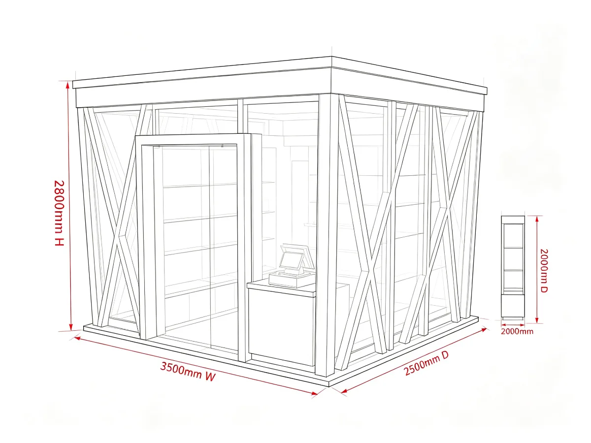 Modern Outdoor Cellphone Kiosk | 3.5m Black Steel X-Frame Mobile Retail Booth with Glass Walls | Custom Design — view 5