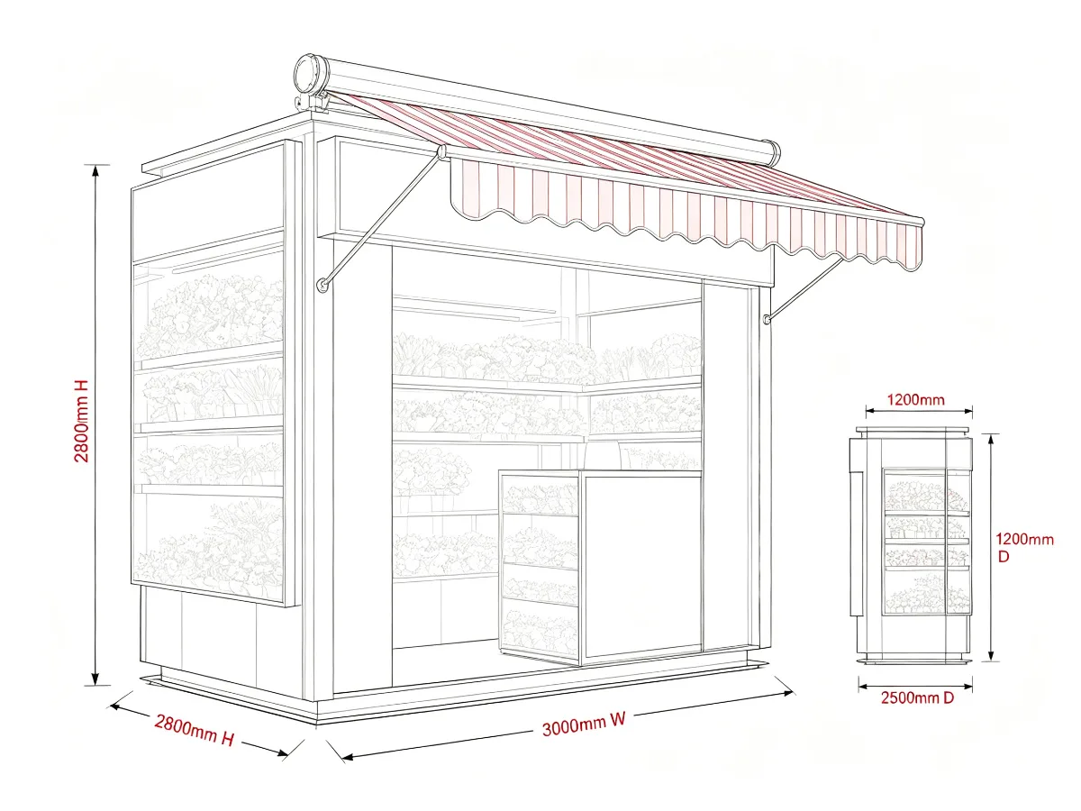Modern Outdoor Flower Kiosk | 3m Retractable Canopy Retail Booth with Display Racks | Unique Design — product detail 1