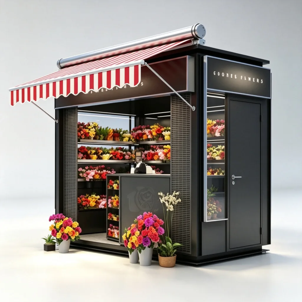 Modern Outdoor Flower Kiosk | 3m Retractable Canopy Retail Booth with Display Racks | Unique Design — view 3