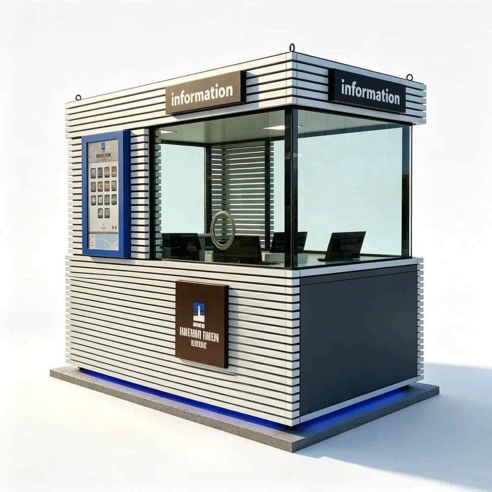 Modern Outdoor Information Kiosk with Horizontal Slats – Custom White Metal Frame Digital Touchscreen Visitor Service Booth for Coastal Town — view 3