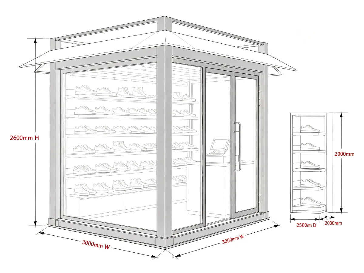 Modern Outdoor Shoe Kiosk | 3m Dark Gray Steel Frame Footwear Retail Booth with RGB Lighting | Custom Design — view 5