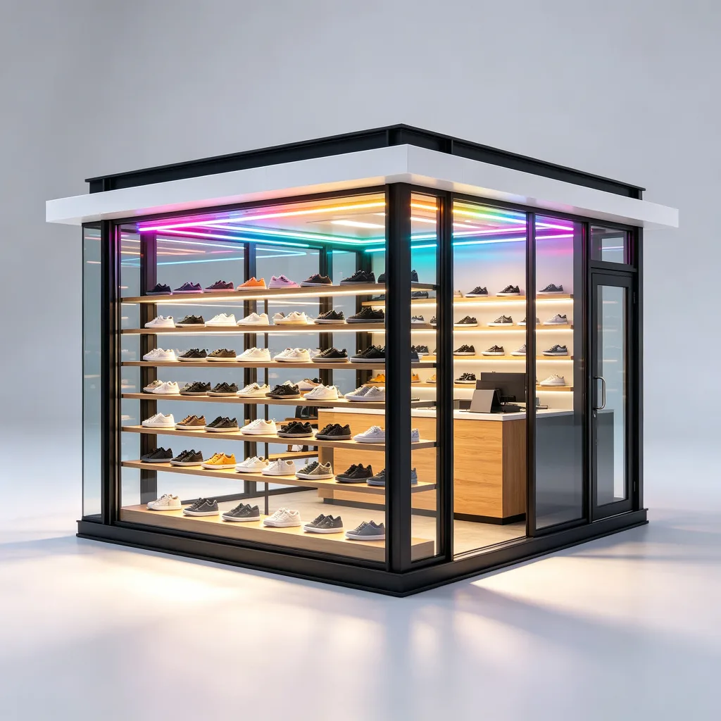 Modern Outdoor Shoe Kiosk | 3m Dark Gray Steel Frame Footwear Retail Booth with RGB Lighting | Custom Design — view 3
