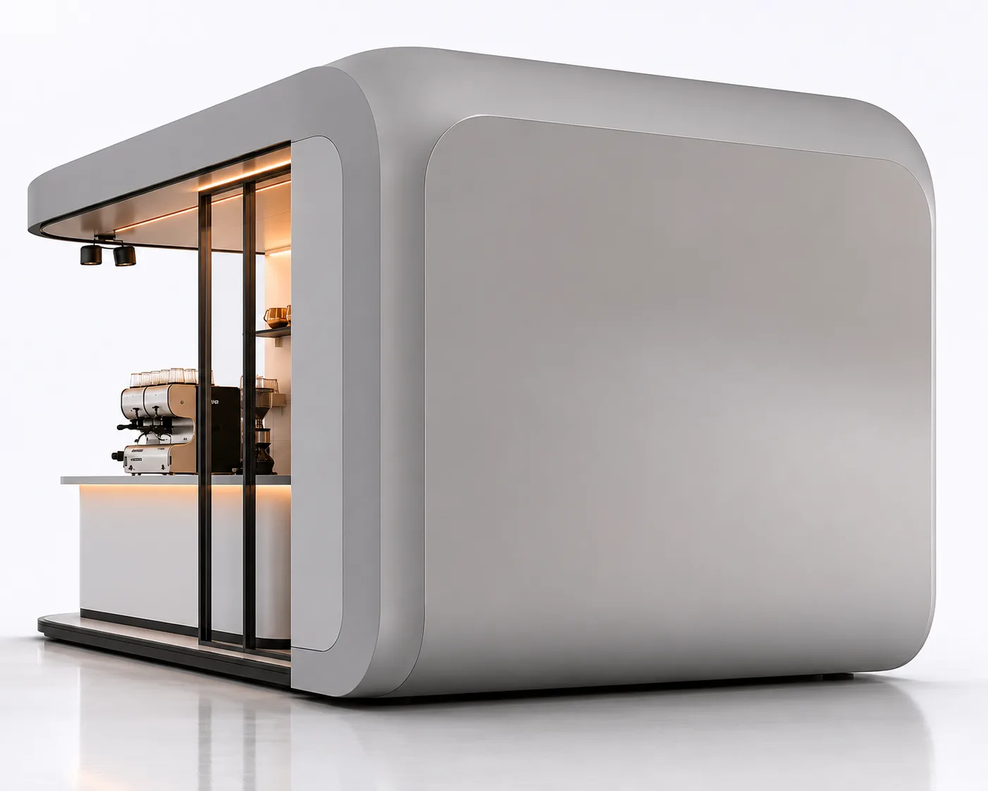 Modern Prefab Coffee Kiosk — Sleek Grey Cube with Warm-Lit Glass Front & Espresso Bar Setup — view 4