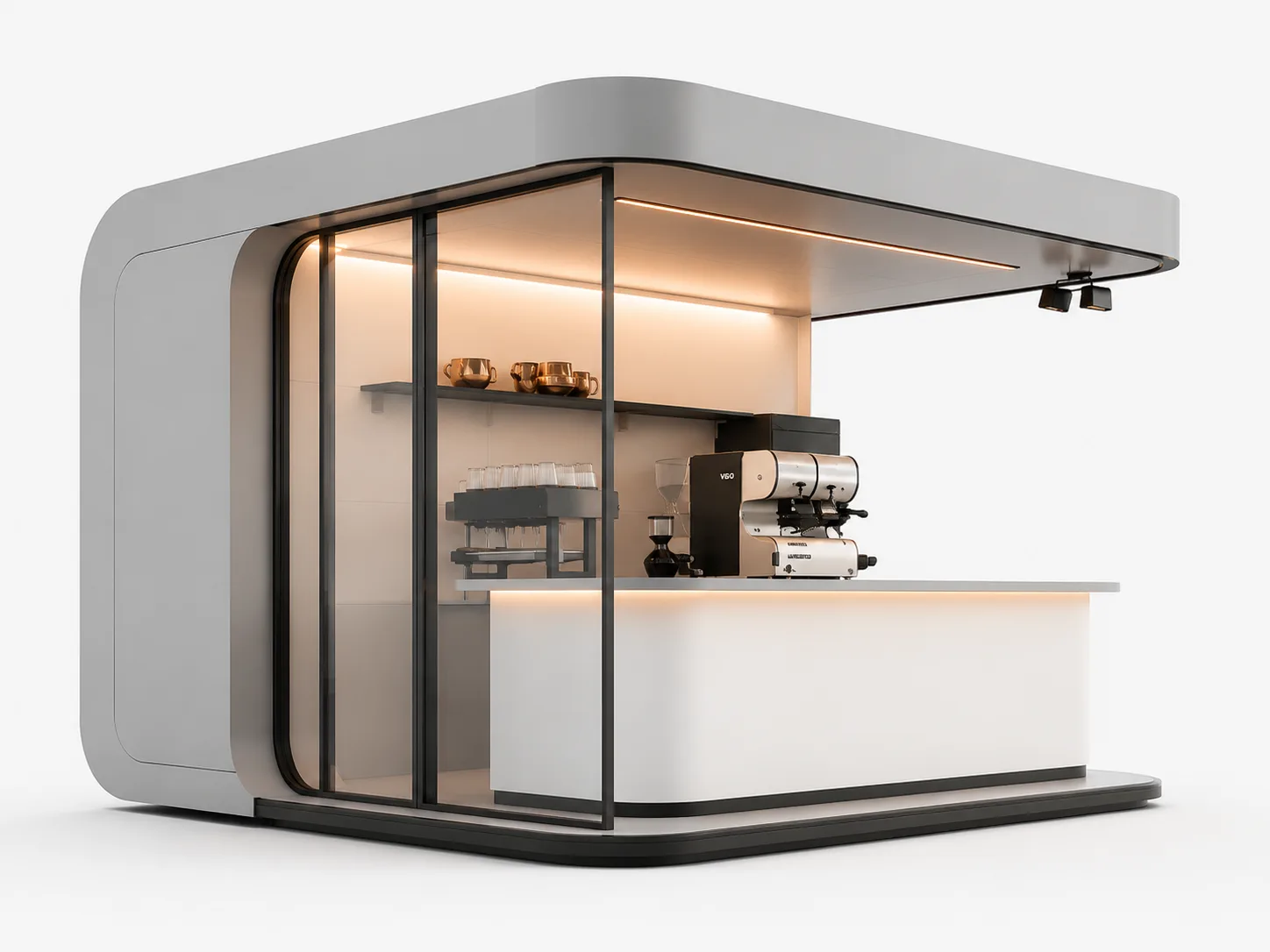 Modern Prefab Coffee Kiosk — Sleek Grey Cube with Warm-Lit Glass Front & Espresso Bar Setup — view 3