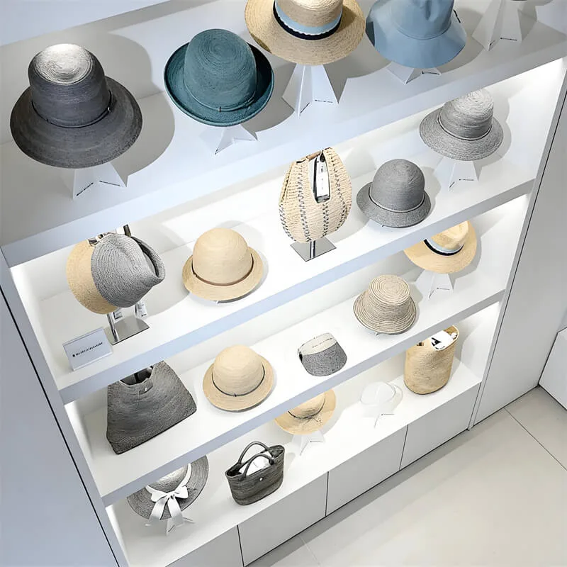 Modern Simple White Lacquered Hat Display Wall Cabinet | MDF Material LED Hat & Bag Display Cabinet (For Clothing & Accessory Stores) Design — view 3