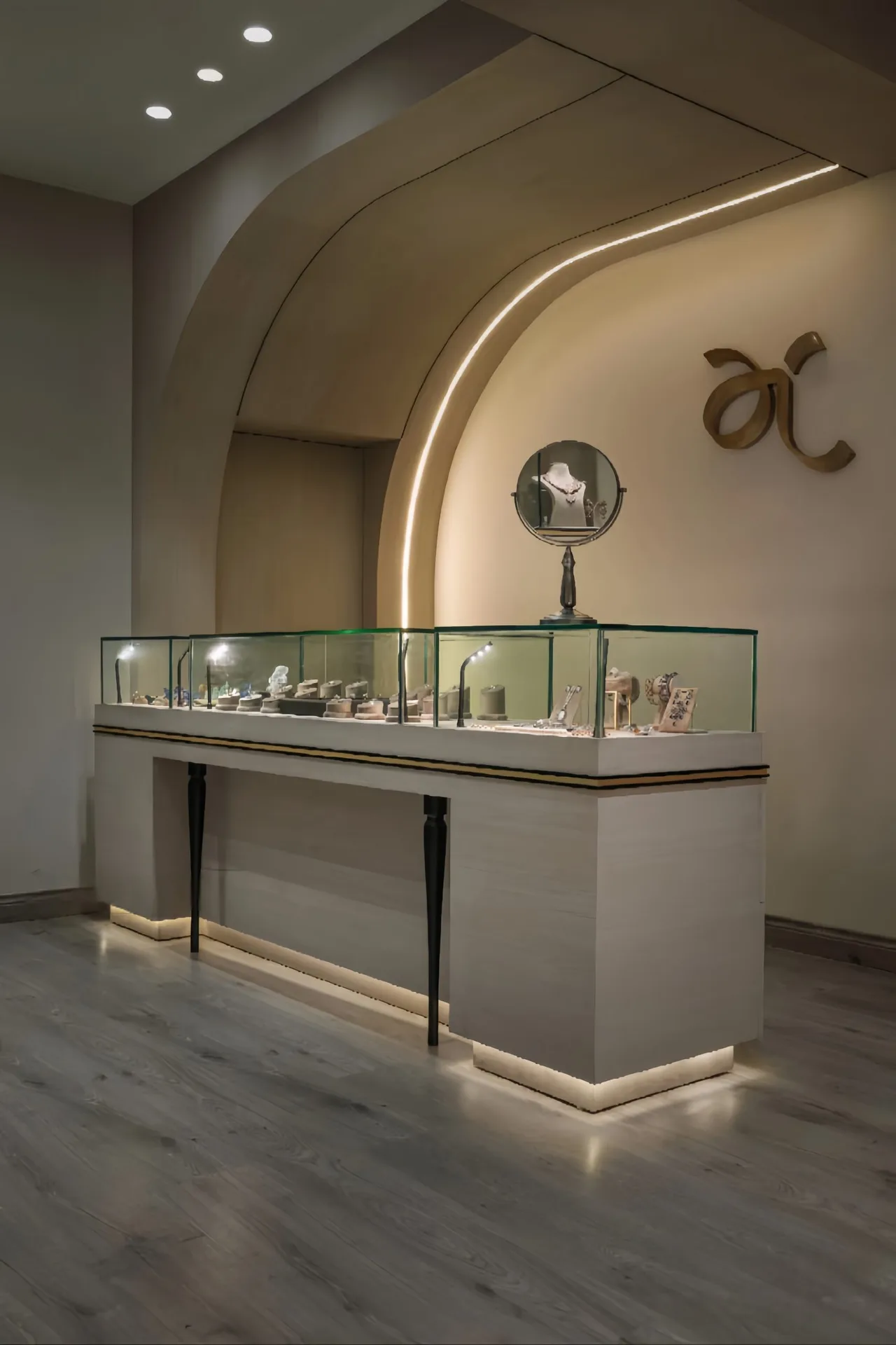 Modern Soft‑Neutral Jewelry Boutique Interior with Pedestal Display Showcases — view 3