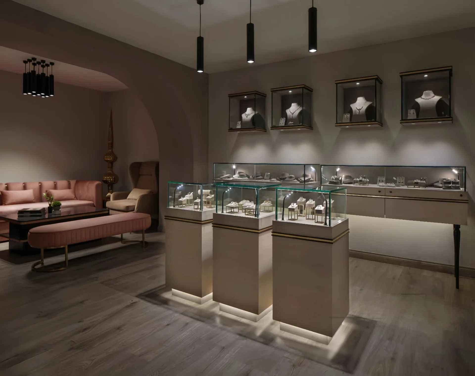 Modern Soft‑Neutral Jewelry Boutique Interior with Pedestal Display Showcases — view 4
