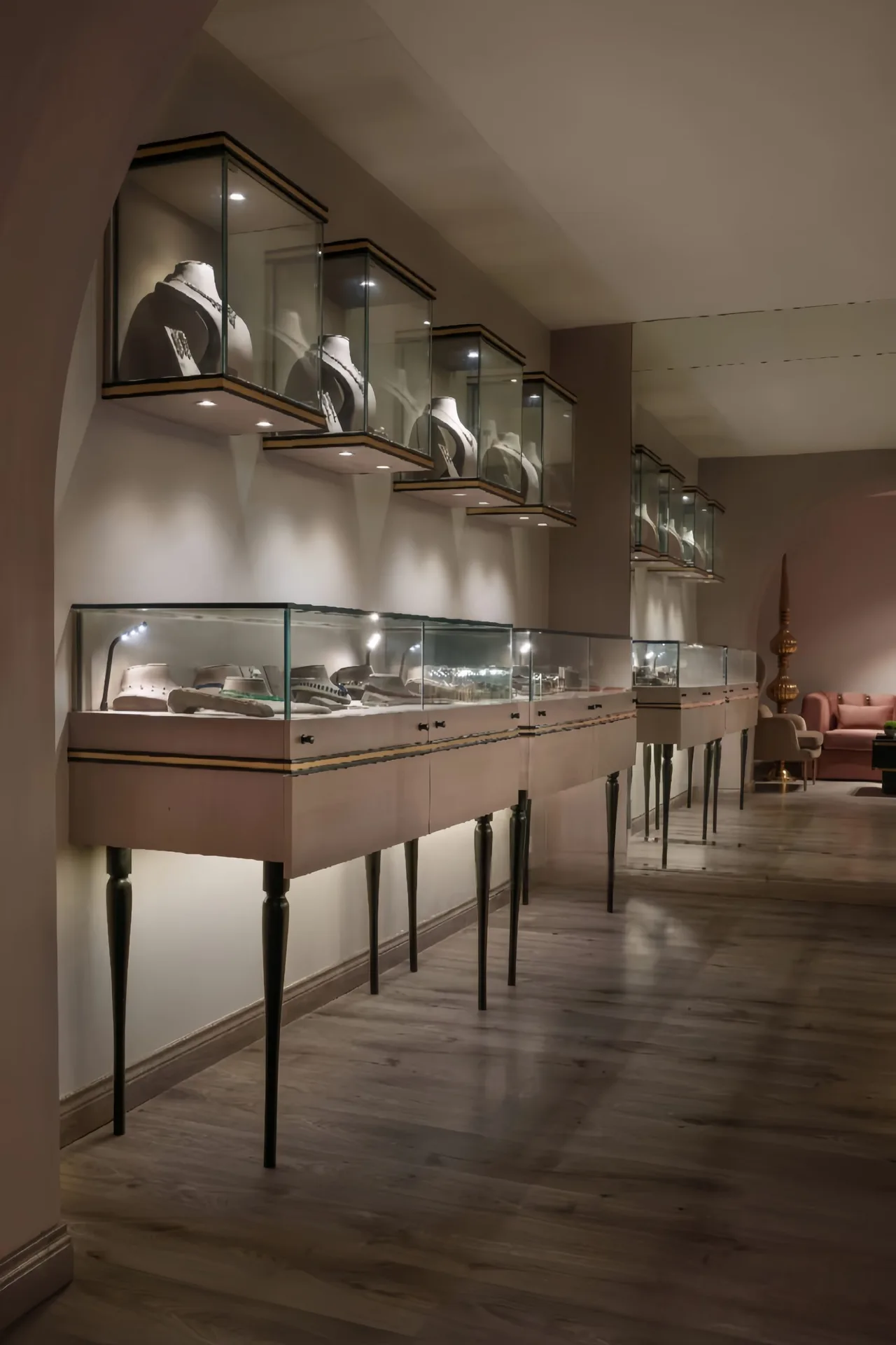 Modern Soft‑Neutral Jewelry Boutique Interior with Pedestal Display Showcases — view 2