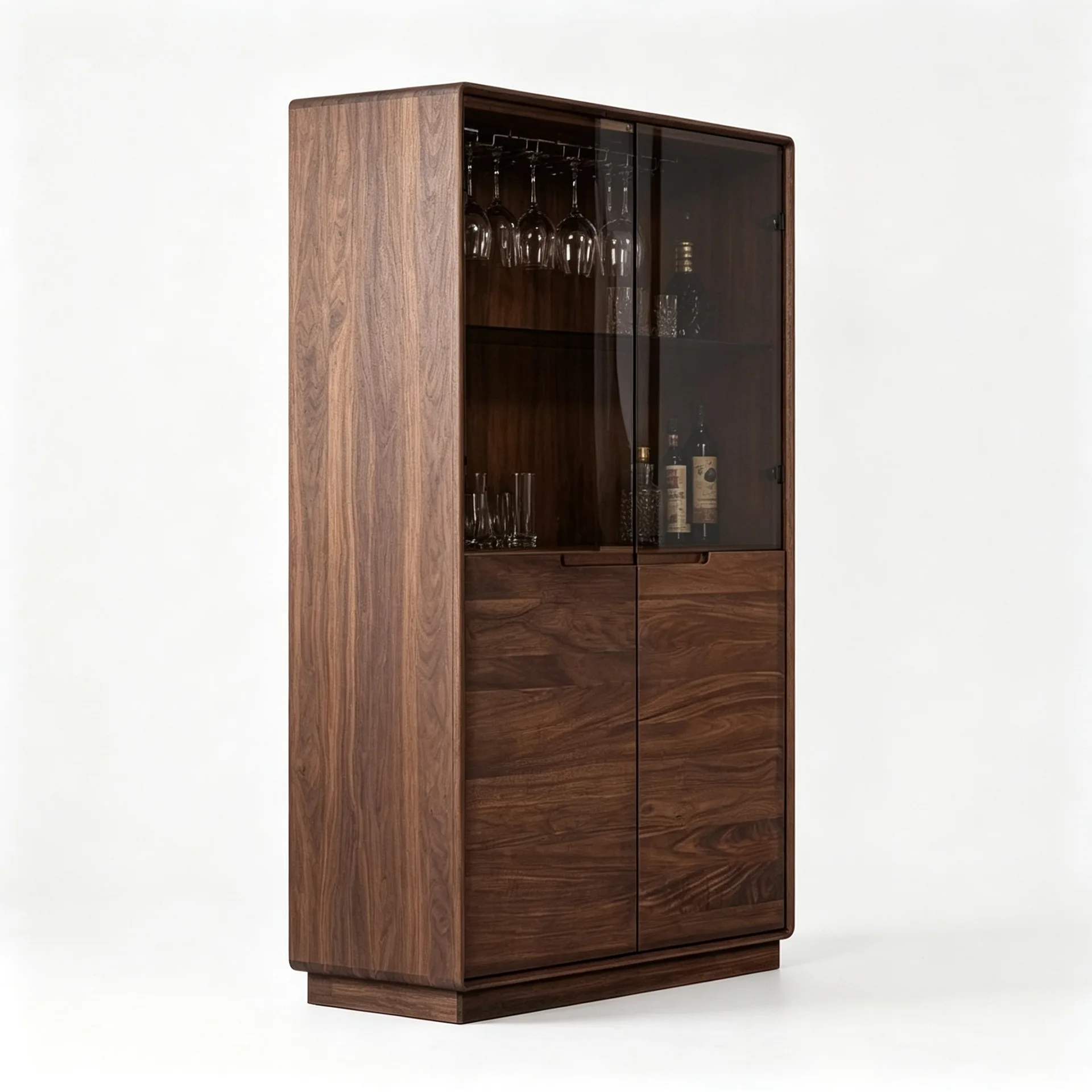 Modern Solid Wood Wine Cabinet with Glass Doors, Hanging Stemware Rack — view 3