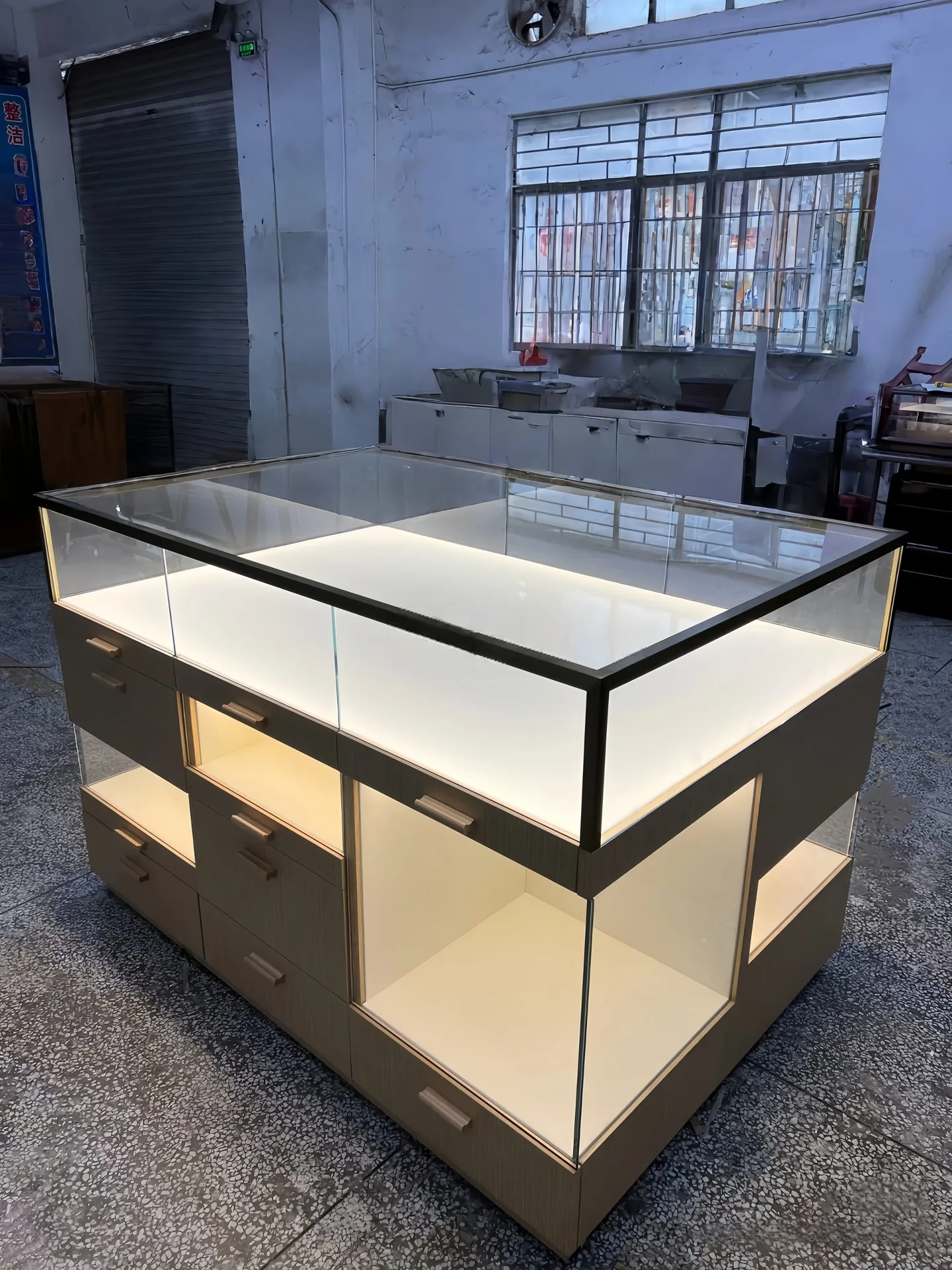 Modern Tiered Jewelry Display Cabinet with Glass Top, Built-in LED Lighting & Pull-Out Drawers — view 3