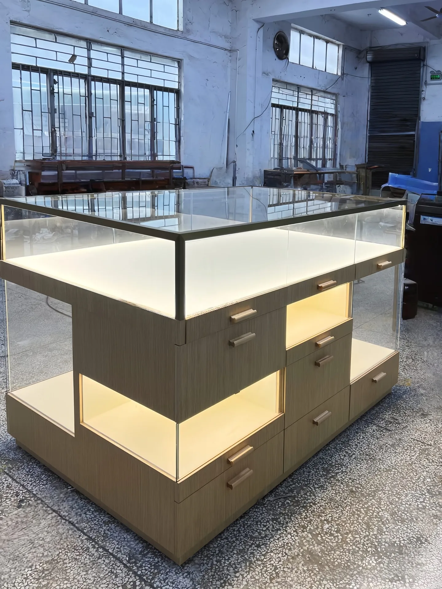 Modern Tiered Jewelry Display Cabinet with Glass Top, Built-in LED Lighting & Pull-Out Drawers — view 2