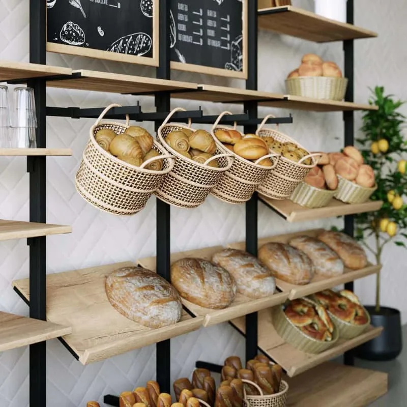 Modern Wall Mounted Bakery Shelving Units with Wooden Boards and Black Metal Frame — view 5