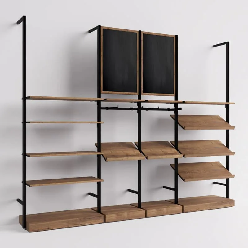 Modern Wall Mounted Bakery Shelving Units with Wooden Boards and Black Metal Frame — view 4