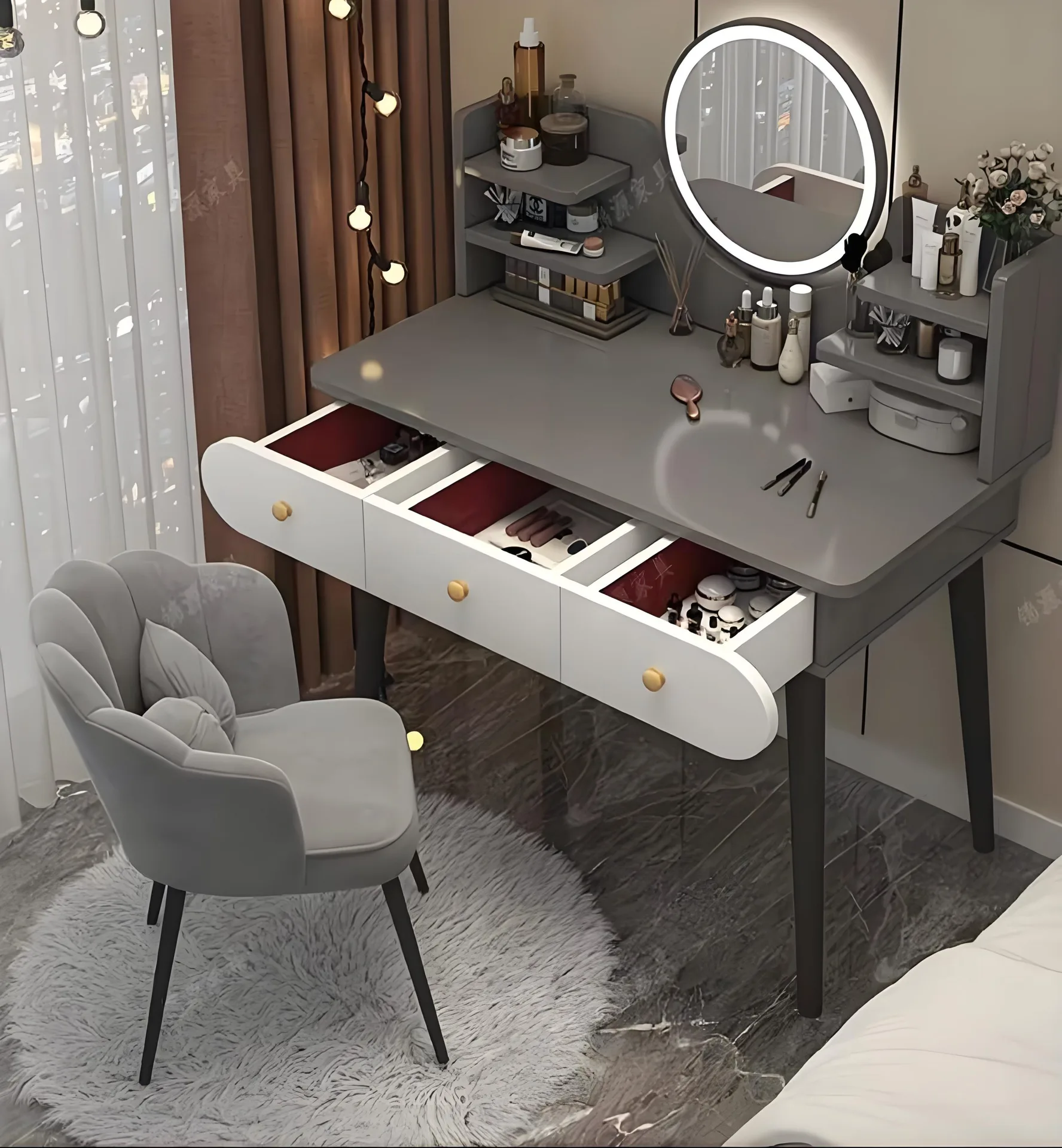 Modern White Dressing Table with LED Mirror — view 2