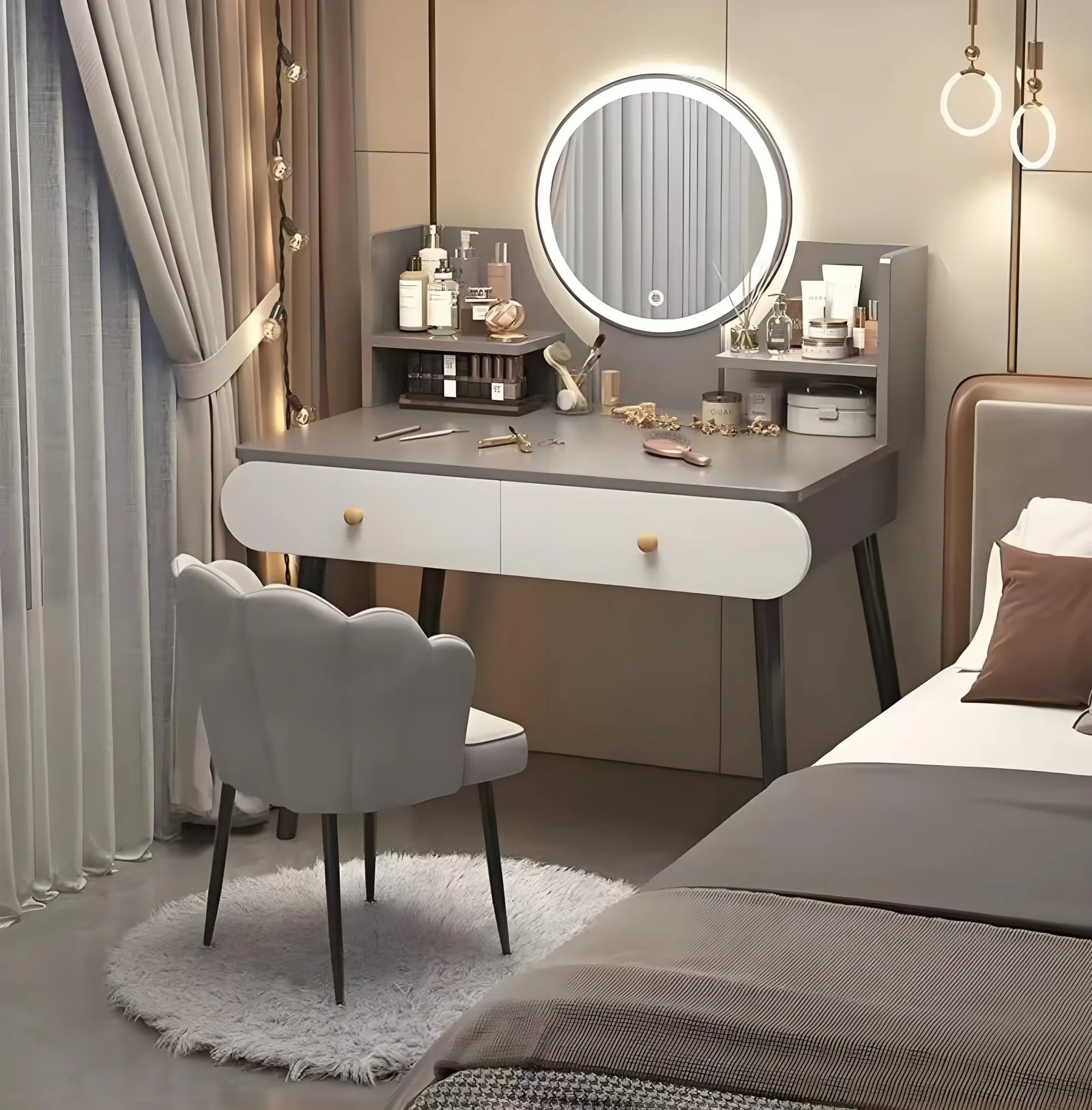 Modern White Dressing Table with LED Mirror — view 3