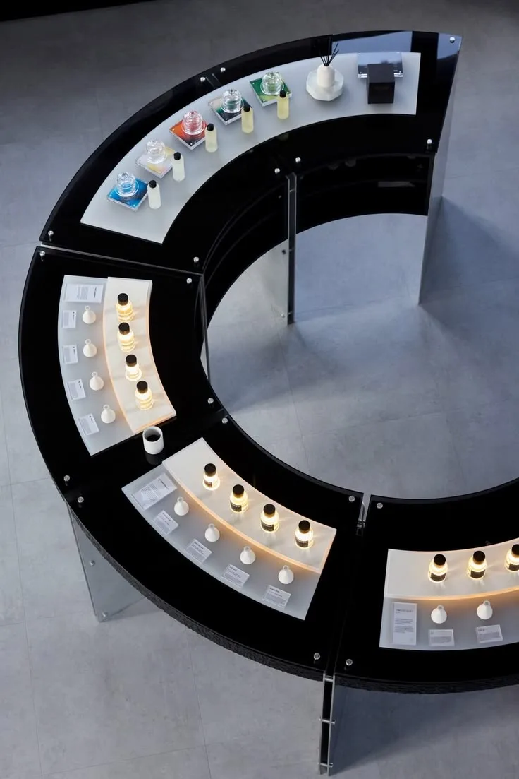 Modular Curved Circular LED Perfume & Aroma Display Island Counter