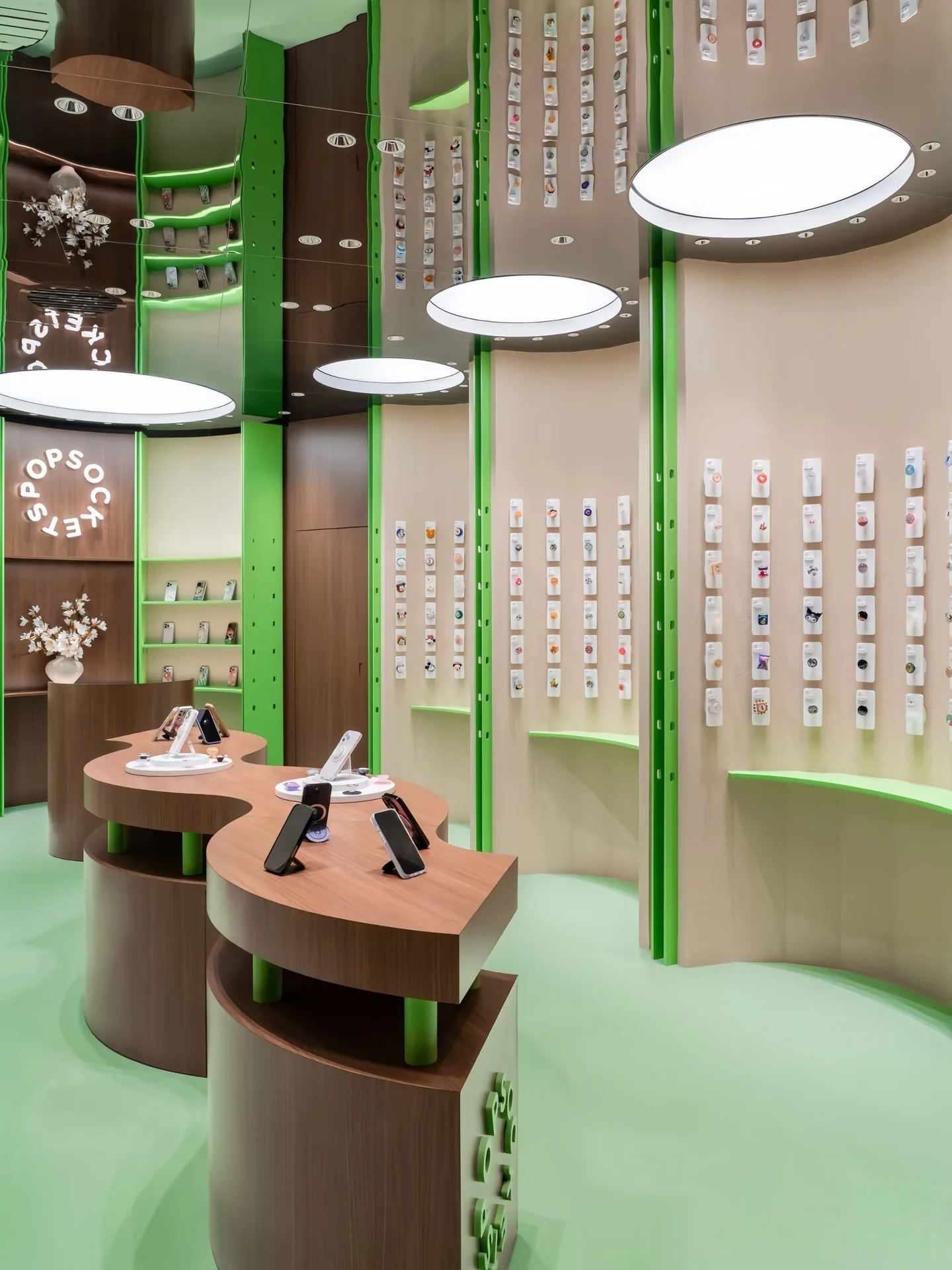 Modular Curved Display Stand for Accessories | Wood & Green Retail Island with Mirror Ceiling — view 3