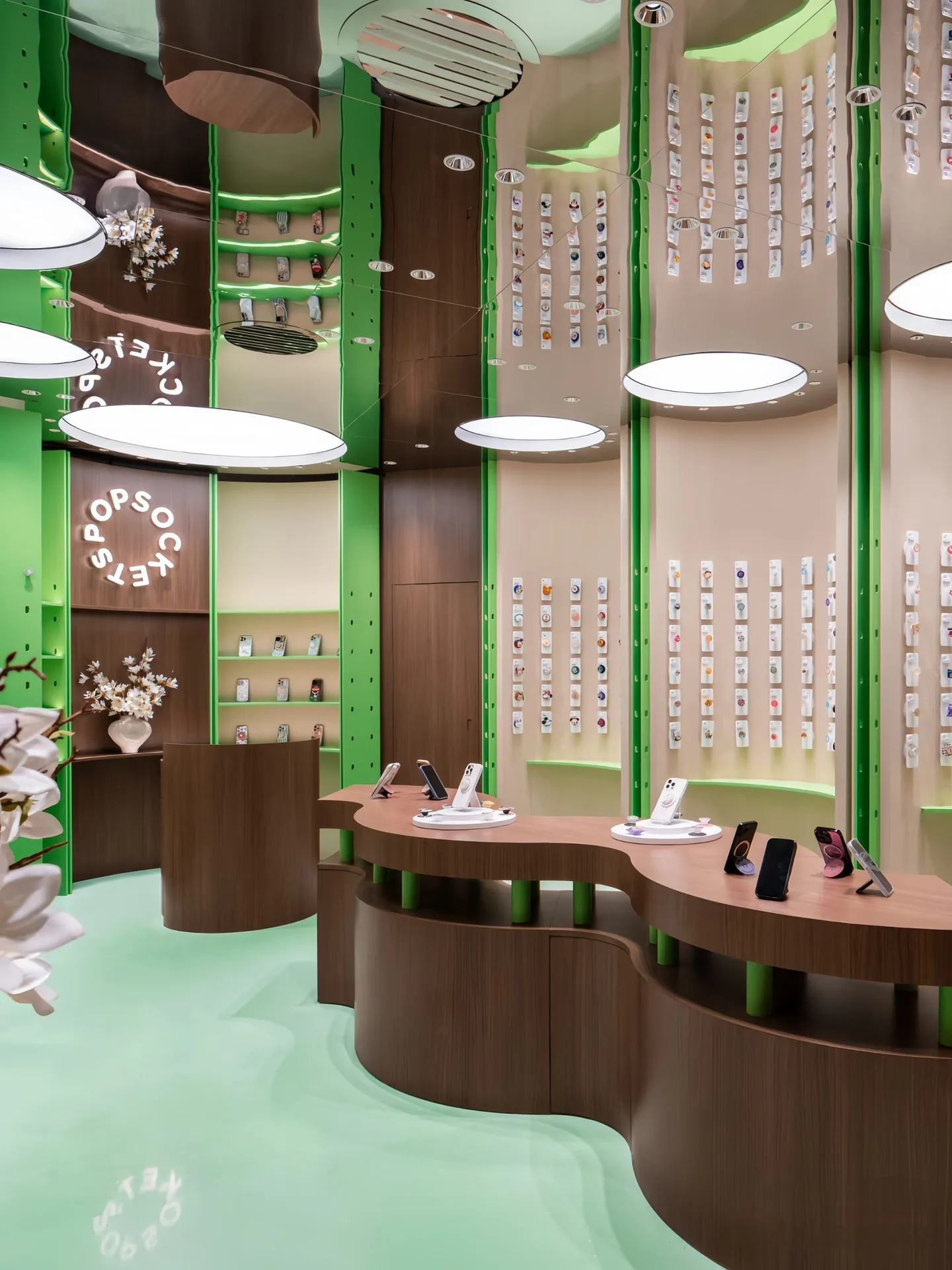 Modular Curved Display Stand for Accessories | Wood & Green Retail Island with Mirror Ceiling — view 6